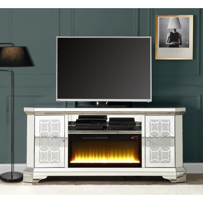 Noralie – TV Stand With Fireplace – Mirrored & Faux Diamonds