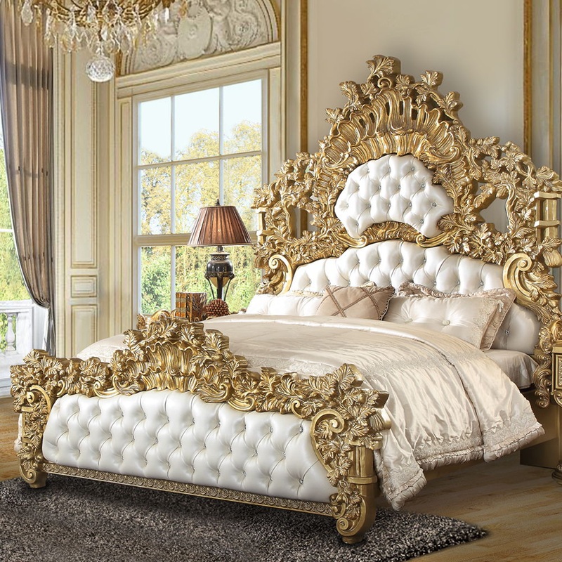 Bernadette – Eastern King Bed – White Synthetic Leather Fabric & Gold