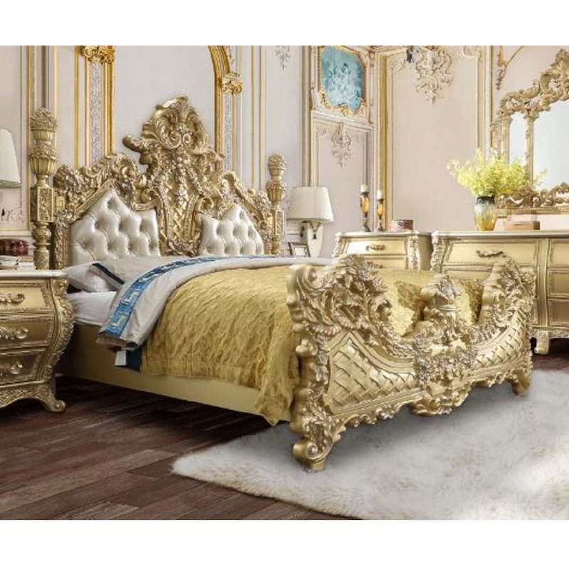 Cabriole – Eastern King Bed – Light Gold Synthetic Leather & Gold