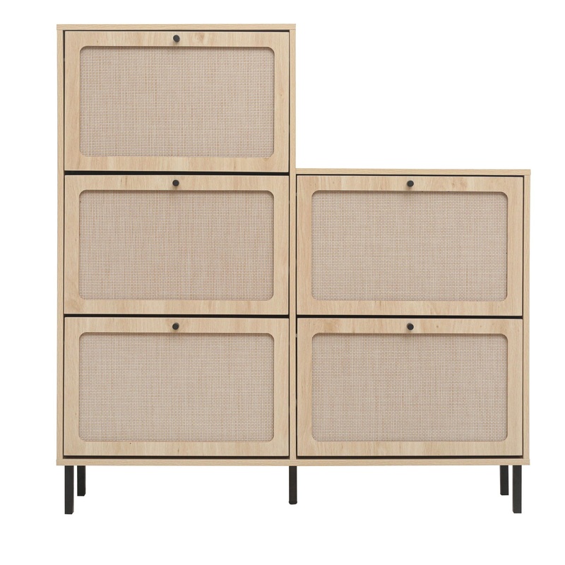 Modern Rattan 5 Door Shoe Storage Cabinet For Entryway Freestanding Design – Natural