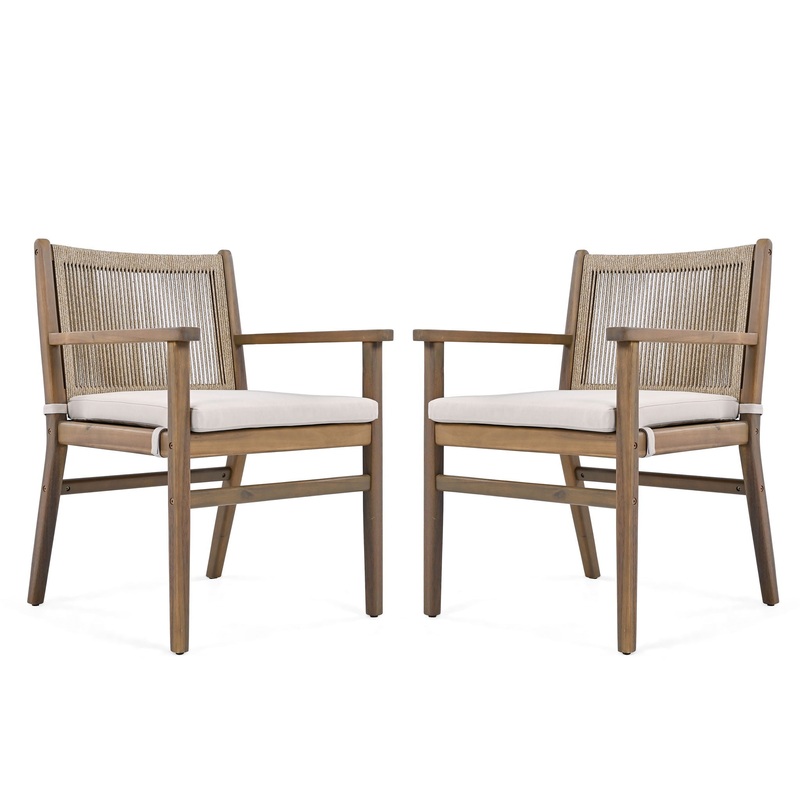 Outdoor Dining Chairs, Patio Armchair With Rope Design Back (Set of 2) – Light Brown