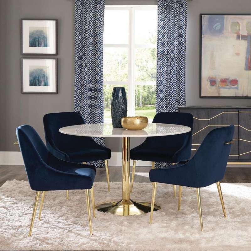 Kella – 5 Piece Round Marble Top Dining Set – Blue And Gold