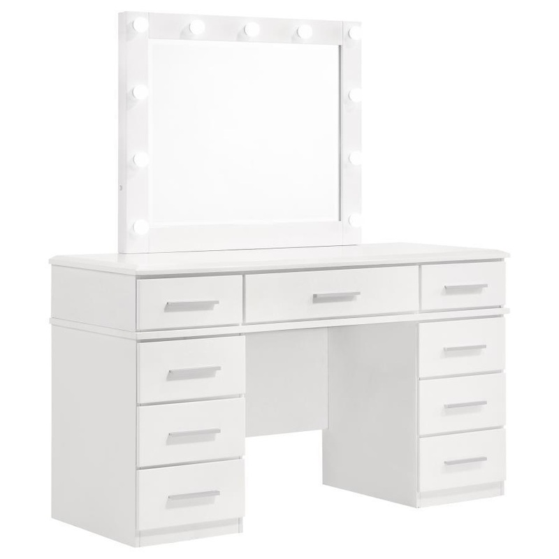 Felicity – 9-Drawer Vanity Table With Lighted Mirror – Glossy White