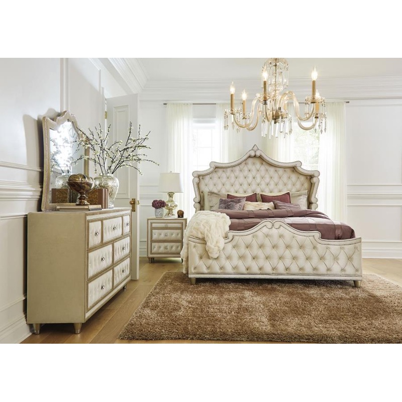 Antonella – Bedroom Set|Beige|4 Pc. Bed, Dresser, Mirror, Nightstand|5 Pc. Bed, Dresser, Mirror, Chest, Nightstand|King|California King|Queen