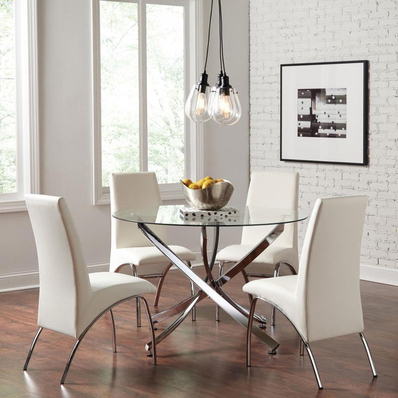 Beckham – 5 Piece Round Glass Top Dining Set – Chrome And White