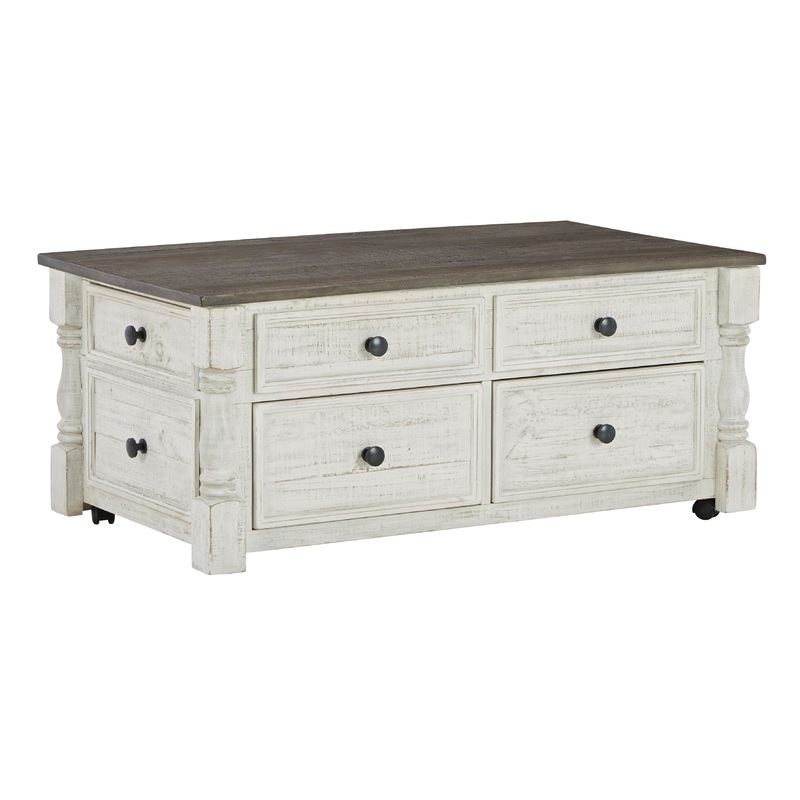 Havalance – Lift Top Cocktail Table with Storage Drawers – White / Gray