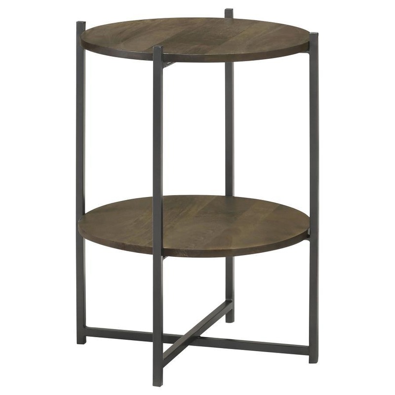 Axel – Round Accent Table With Open Shelf – Natural And Gunmetal