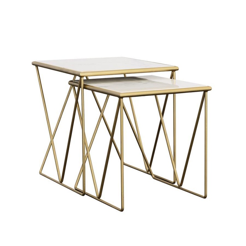Bette – 2 Piece Marble Top Nesting Table Set – White And Gold