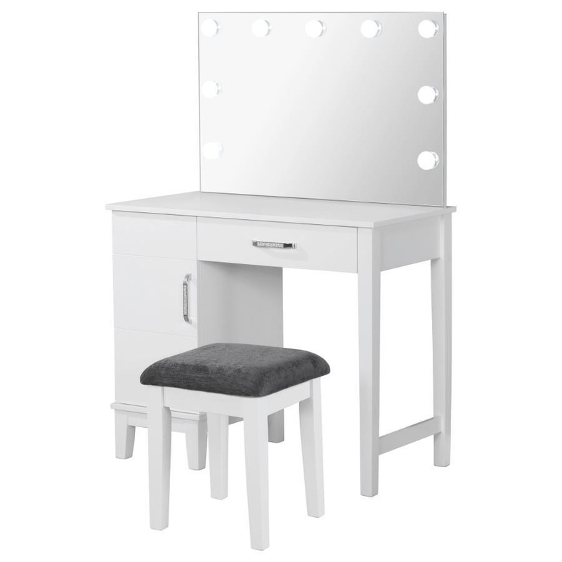 Elijah – Vanity Set With Lighting & Stool – White And Dark Gray