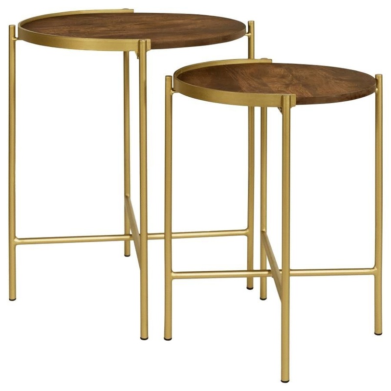 Malka – 2 Piece Round Wood Nesting Table – Dark Brown And Gold