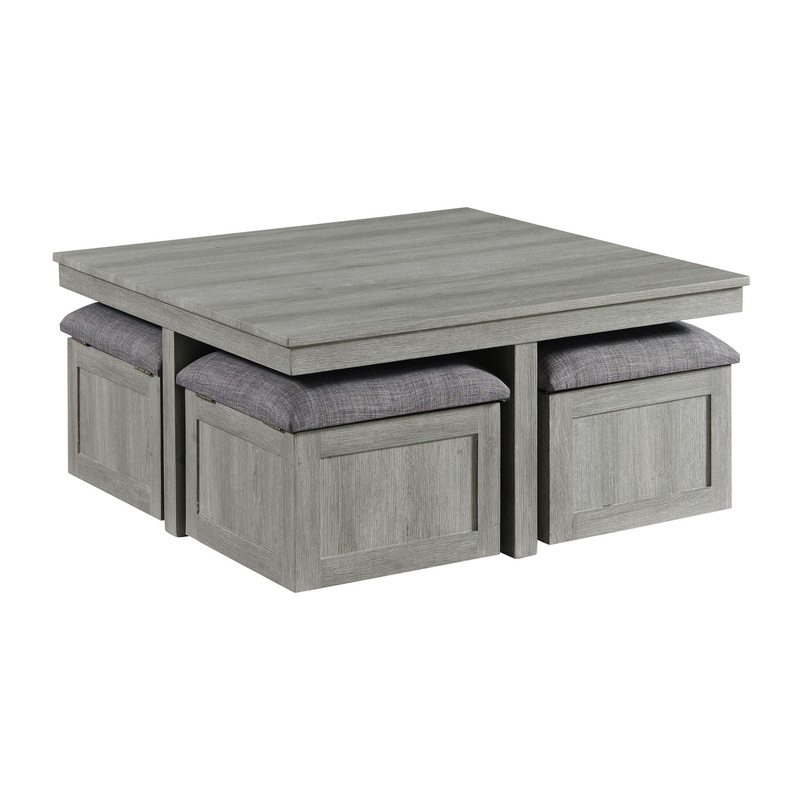 Uster – Coffee Table With Four Storage Stools – Gray