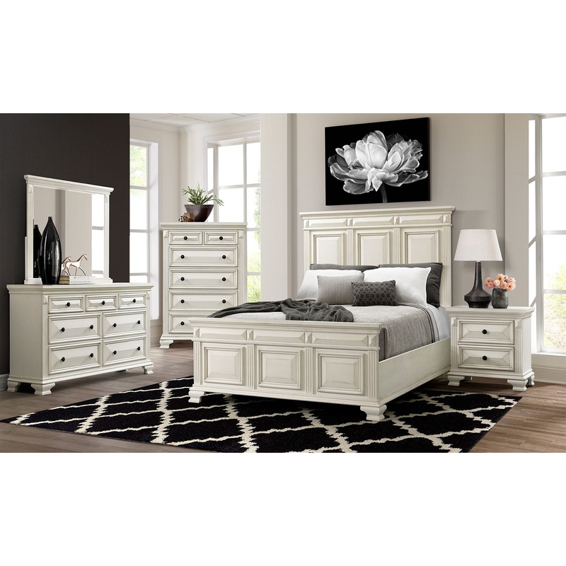 Calloway – Panel Bedroom Set|White|3 Pc. Bed, Chest, Nightstand|5 Pc. Bed, Chest, Dresser, Mirror, Nightstand|4 Pc. Bed, Dresser, Mirror, Nightstand|6 Pc. Bed, Chest, Dresser, Mirror, 2 Nightstands|King|Queen