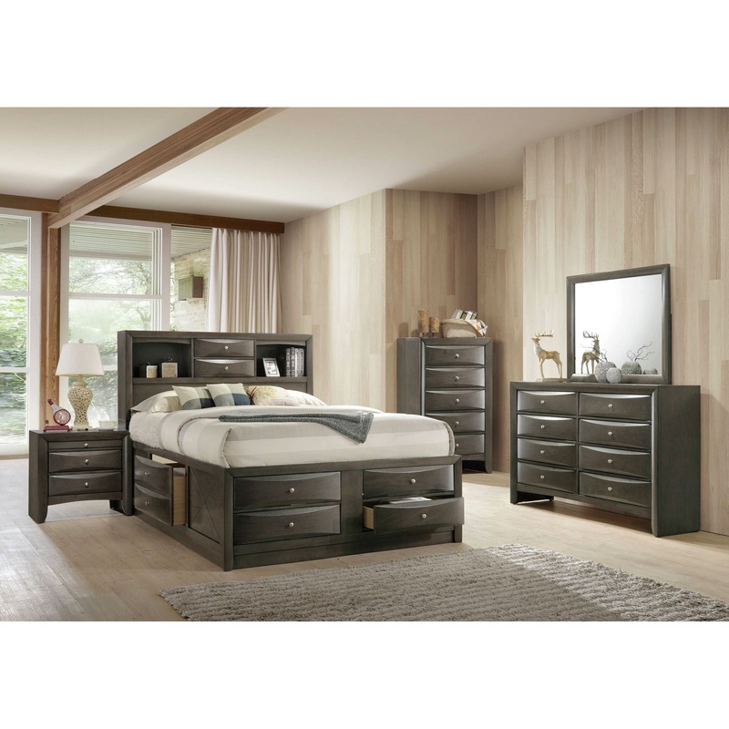 Emily – Storage Bedroom Set|Dark Gray|3 Pc. Bed, Chest, Nightstand|4 Pc. Bed, Dresser, Mirror, Nightstand|5 Pc. Bed, Dresser, Mirror, Chest, Nightstand|6 Pc. Bed, Dresser, Mirror, Chest, 2 Nightstands|King|Queen