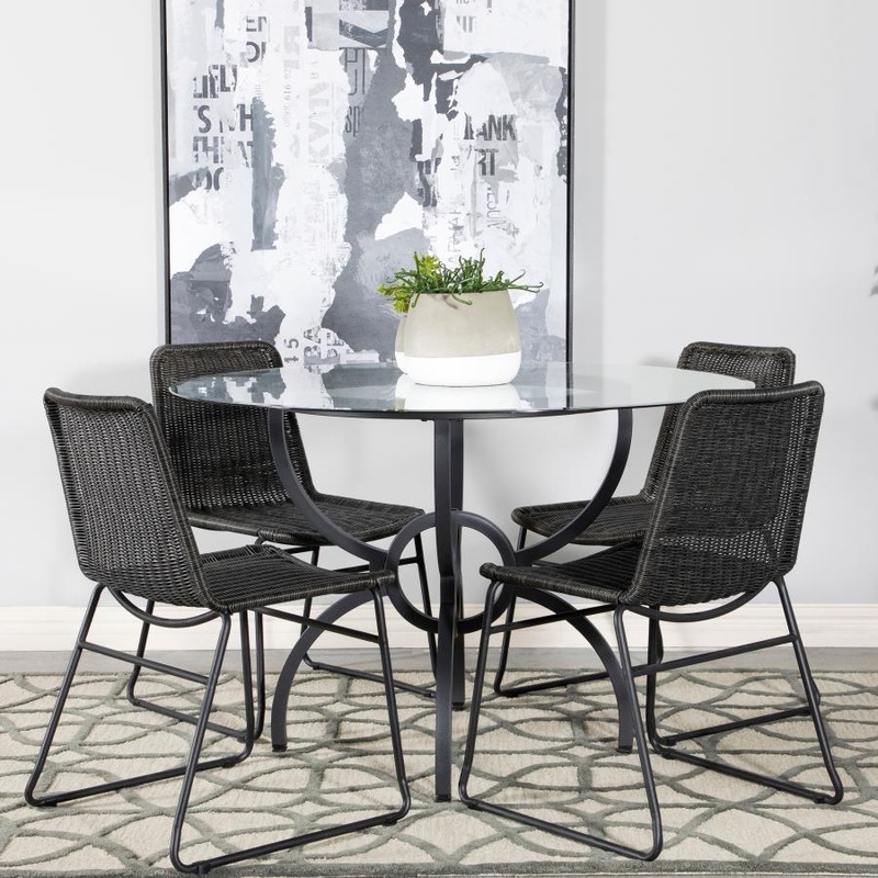 Aviano – 5 Piece Round Glass Top Dining Table Set With Rattan Chairs – Gunmetal