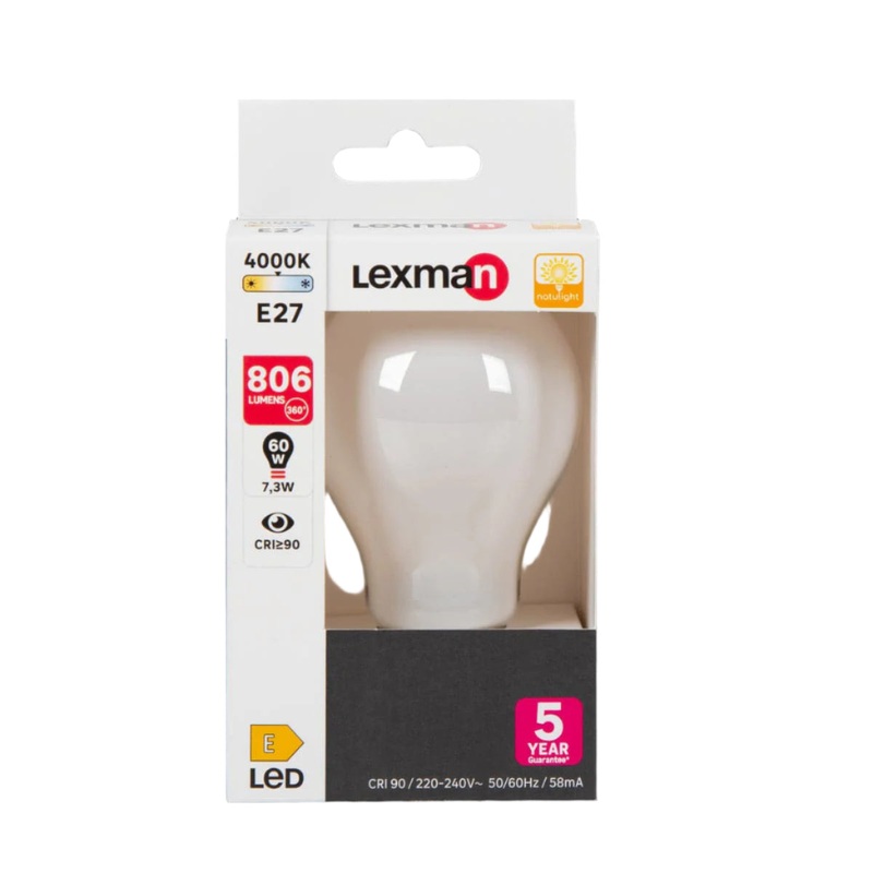 NATULIGHT LED BULB E27=60W FROSTED DROP NATURAL LIGHT