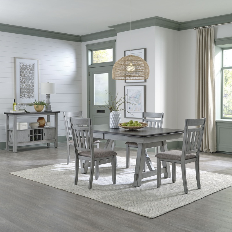 Newport – Trestle Table Set|Gray|7 Pc. Table, 6 Chairs|5 Pc. Table, 4 Chairs|6 Pc. Table, 4 Chairs, Bench