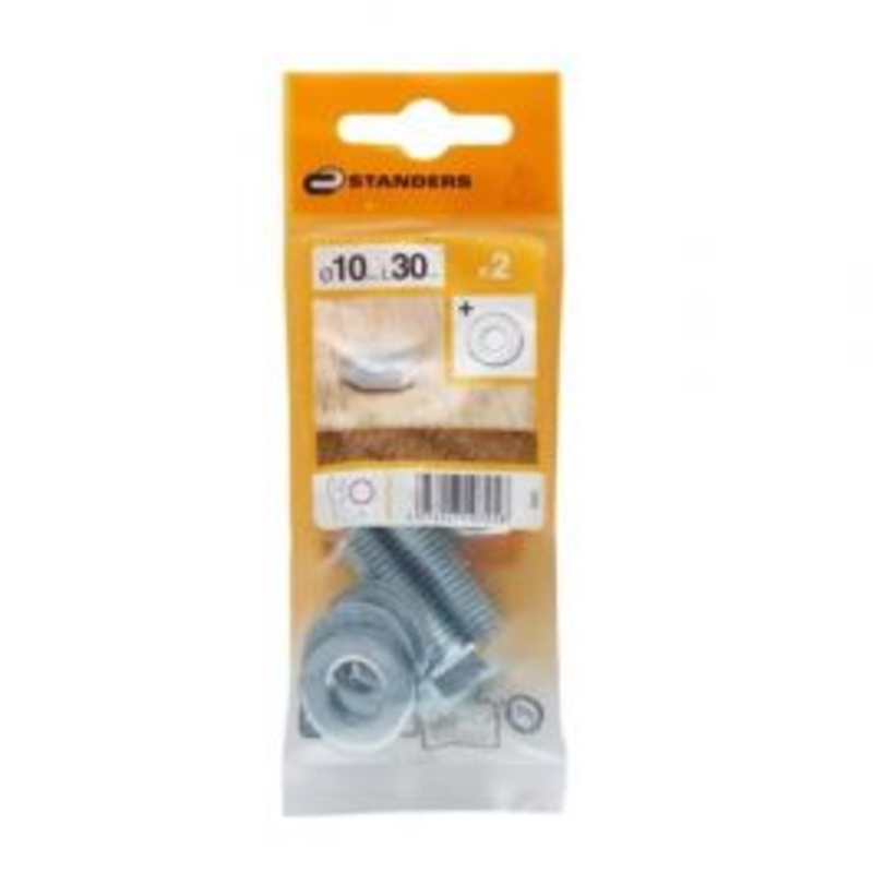10 X 30 MM HEXAGON HEAD BOLT, NUT, 2 STEEL WASHERS, 2 PCS.