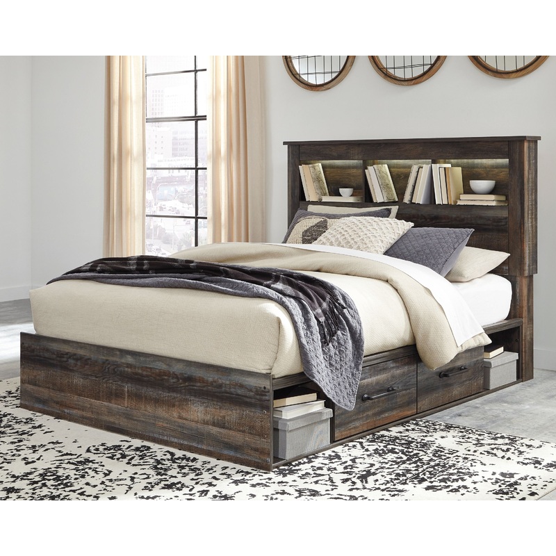 Drystan – Panel Bookcase Bed|Dark Gray|Beige|Full|King|Queen|4 Drawers|2 Side Drawers|4 Side Drawers|None|2 Drawers