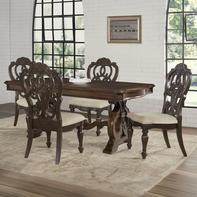 Royale – Dining Set|Dark Brown|10 Pc. Table, 8 Chairs, Buffet|11 Pc. Table, 8 Side Chairs, 2 Arm Chairs|7 Pc. Table, 2 Arm, 4 Side Chairs|9 Pc. Table, 2 Arm, 6 Side Chairs|5 Pc. Table, 4 Chairs|8 Pc. Table, 2 Arm, 4 Side Chairs, Buffet
