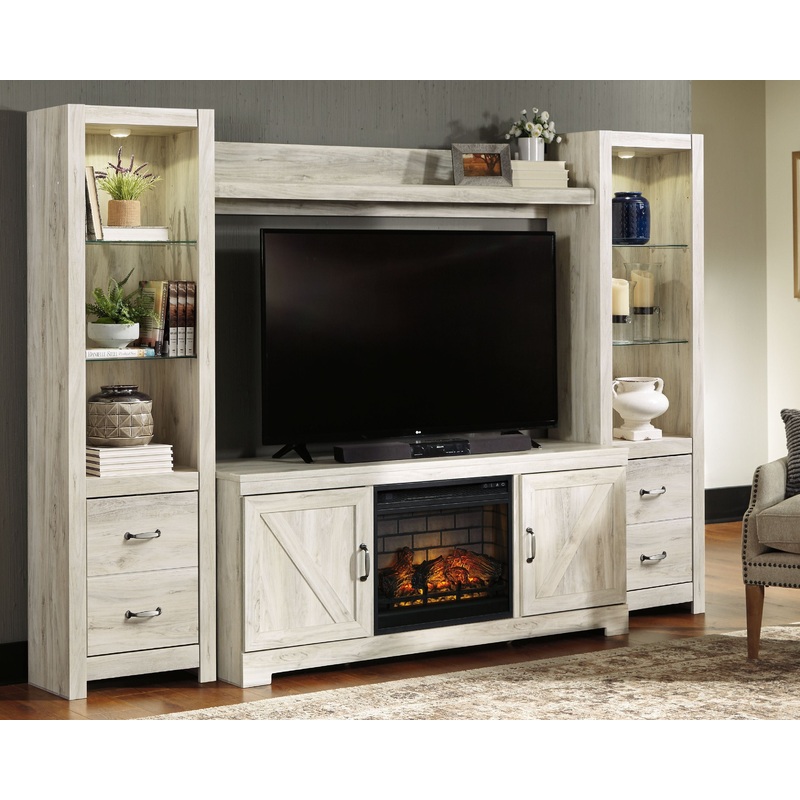 Bellaby – Entertainment Center – TV Stand With Faux Firebrick Fireplace Insert – Whitewash
