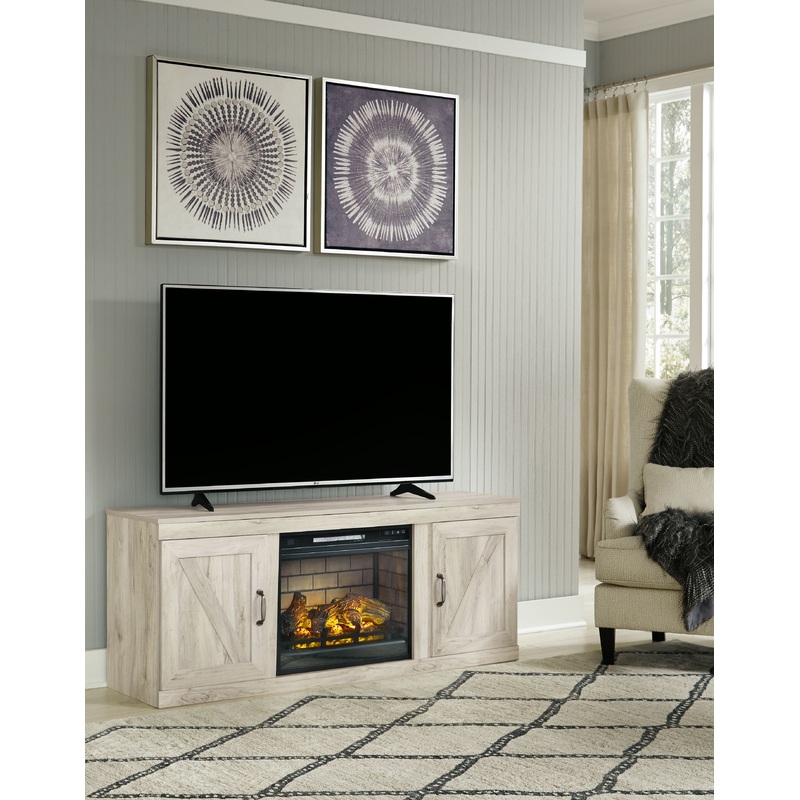 Bellaby – TV Stand With Faux Firebrick Fireplace Insert – Whitewash