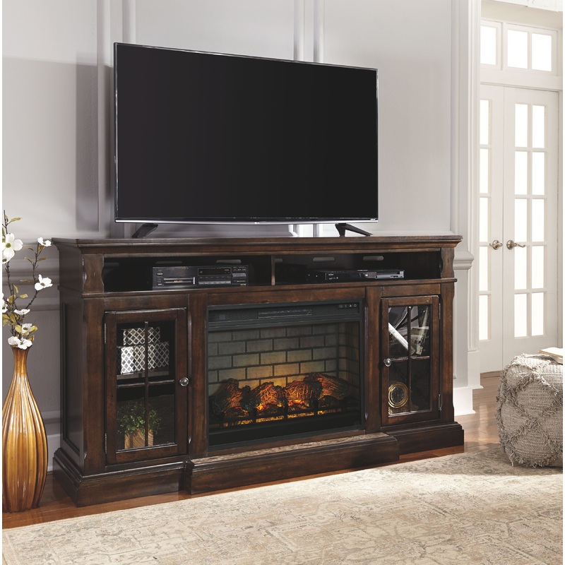 Roddinton – 2 Pc. – 74 TV Stand with Electric Infrared Fireplace Insert – Dark Brown