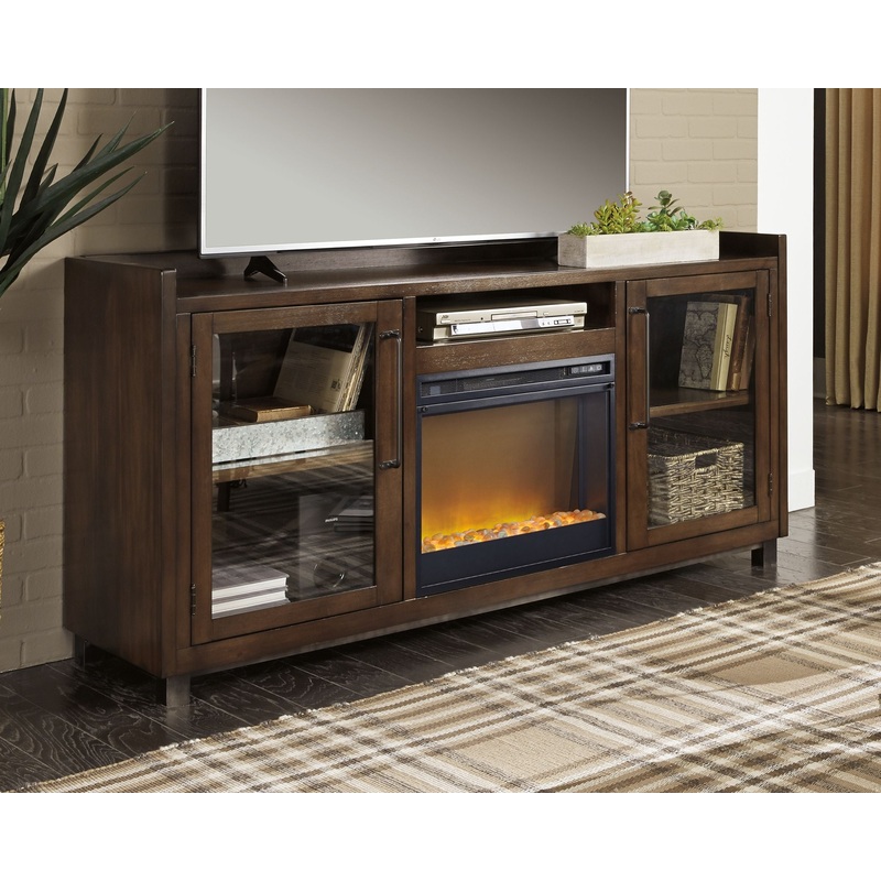 Starmore – 70 TV Stand With Glass/Stone Fireplace Insert – Brown