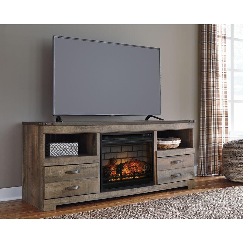 Trinell – 63 TV Stand With Glass/Stone Fireplace Insert – Brown