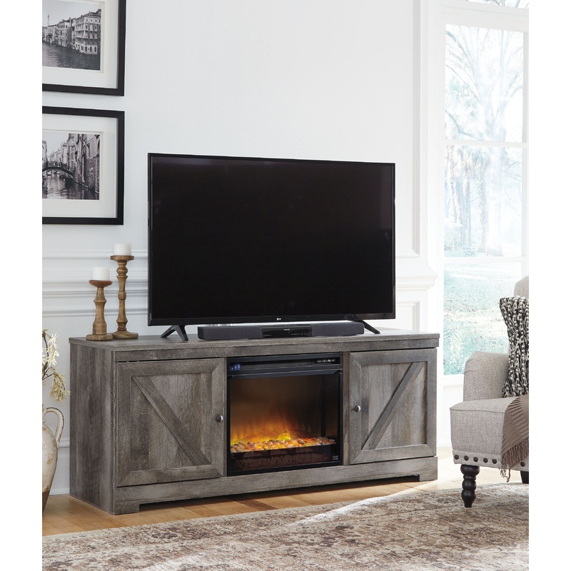 Wynnlow – 63 TV Stand With Glass/Stone Fireplace Insert – Gray