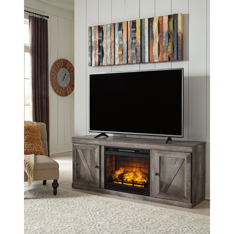 Wynnlow – TV Stand With Faux Firebrick Fireplace Insert – Gray