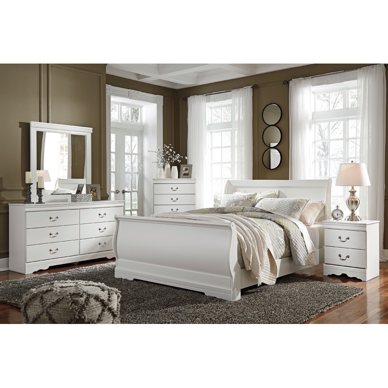 Anarasia – Sleigh Bed Set|White|6 Pc. – Dresser, Mirror, Chest, Sleigh Bed|7 Pc. – Dresser, Mirror, Chest, Sleigh Bed, Nightstand|5 Pc. – Dresser, Mirror, Sleigh Bed|6 Pc. – Dresser, Mirror, Sleigh Bed, Nightstand|Queen