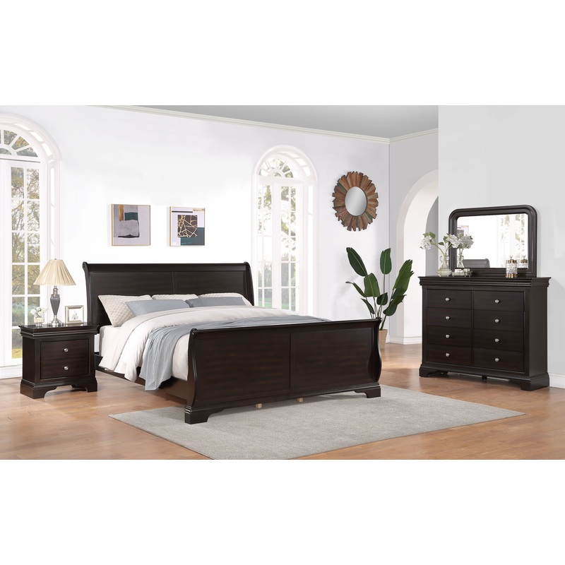 Dominique – Bedroom Set|Dark Brown|4 Pc. Bed, Chesser, Mirror, Nightstand|Queen|King