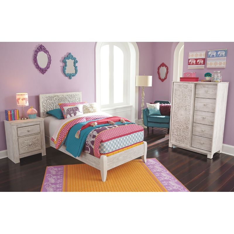 Paxberry – Youth Bedroom Set|White|4 Pc. Panel Bed, Dressing Chest, Nightstand|Twin|Full