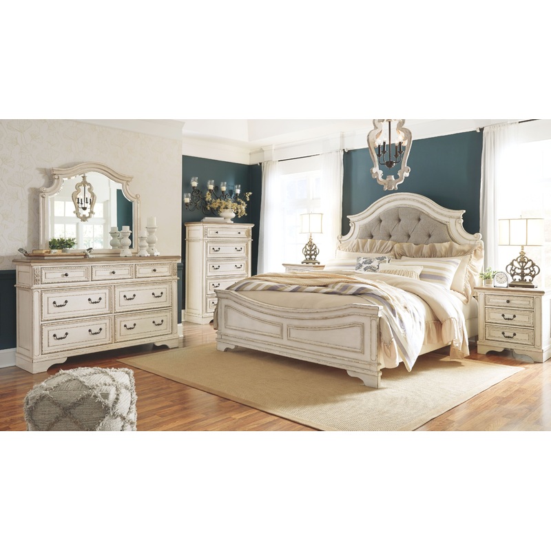 Realyn – Panel Bedroom Set|White|6 Pc. – Dresser, Mirror, Chest, Upholstered Panel Bed|8 Pc. – Dresser, Mirror, Chest, Upholstered Panel Bed, 2 Nightstands|5 Pc. – Dresser, Mirror, Upholstered Panel Bed|7 Pc. – Dresser, Mirror, Upholstered Panel Bed, 2 Ni