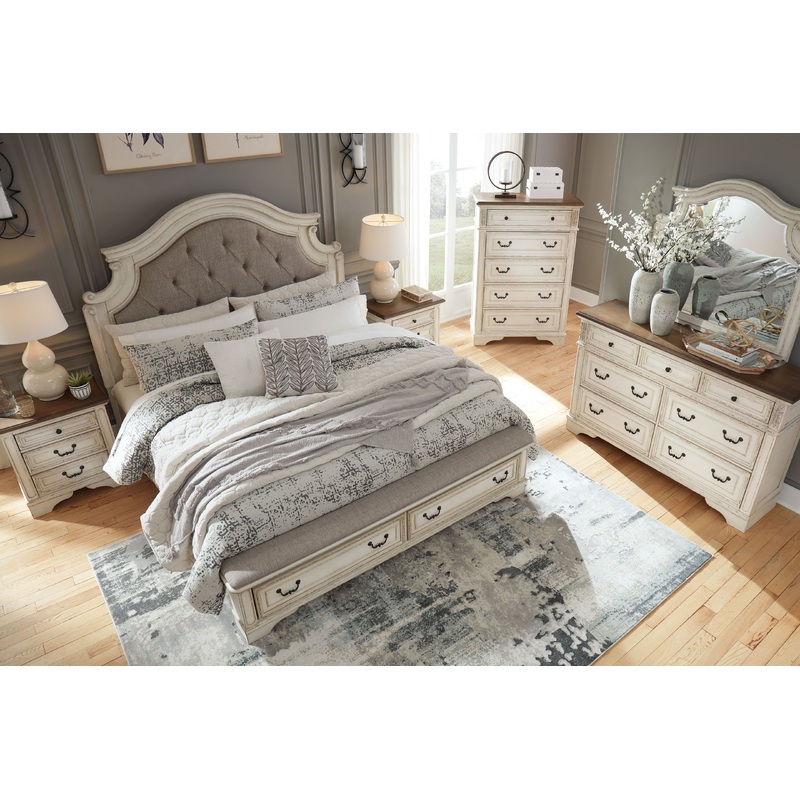 Realyn – Storage Bedroom Set|White|5 Pc. – Dresser, Mirror, Upholstered Bed|7 Pc. – Dresser, Mirror, Upholstered Bed, 2 Nightstands|6 Pc. – Dresser, Mirror, Chest, Upholstered Bed|8 Pc. – Dresser, Mirror, Chest, Upholstered Bed, 2 Nightstands|California K
