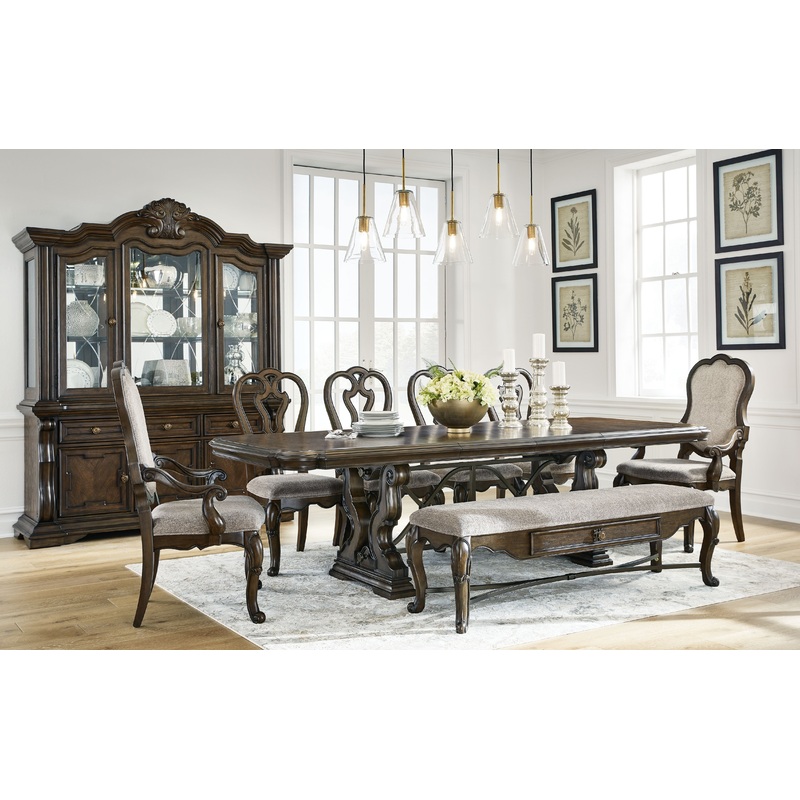 Maylee – 11 Pc. – Dining Extension Table, 4 Side Chairs, 2 Arm Chairs, Storage Bench, Buffet And Hutch – Dark Brown