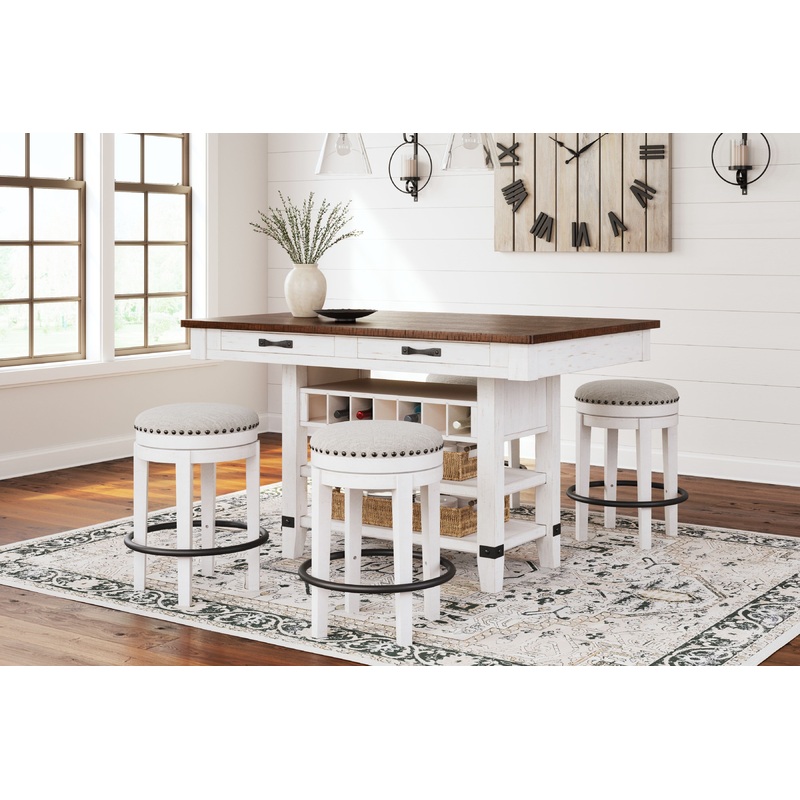 Valebeck – 5 Pc. – Counter Table With Wine Rack, 4 Swivel Stools – White / Brown