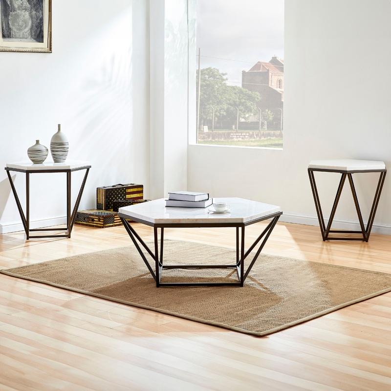 Corvus – 3 Piece Table Set – White Marble Hexagon