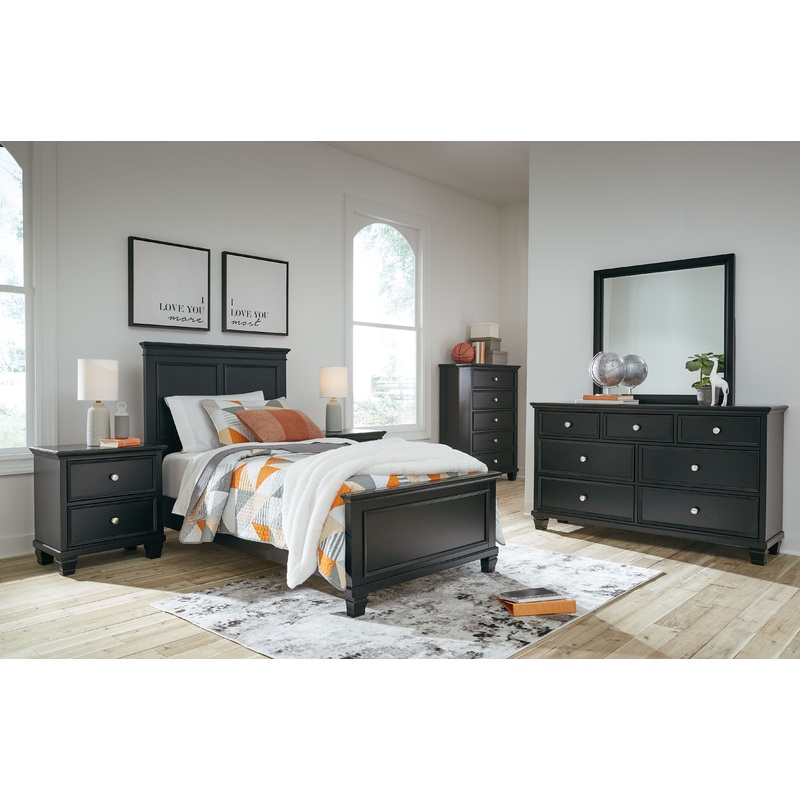 Lanolee – Panel Bedroom Set|Black|6 Pc. Bed, Dresser, Mirror, Chest|8 Pc. Bed, Dresser, Mirror, Chest, 2 Nightstands|5 Pc. Bed, Dresser, Mirror|7 Pc. Bed, Dresser, Mirror, 2 Nightstands|Twin|California King|King|Full