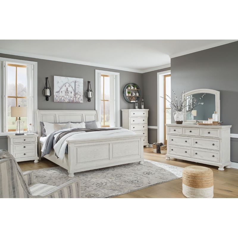 Robbinsdale – Sleigh Bed Set|White|6 Pc. – Dresser, Mirror, Chest, Sleigh Bed|8 Pc. – Dresser, Mirror, Chest, Sleigh Bed, 2 Nightstands|5 Pc. – Dresser, Mirror, Sleigh Bed|7 Pc. – Dresser, Mirror, Sleigh Bed, 2 Nightstands|Queen|King