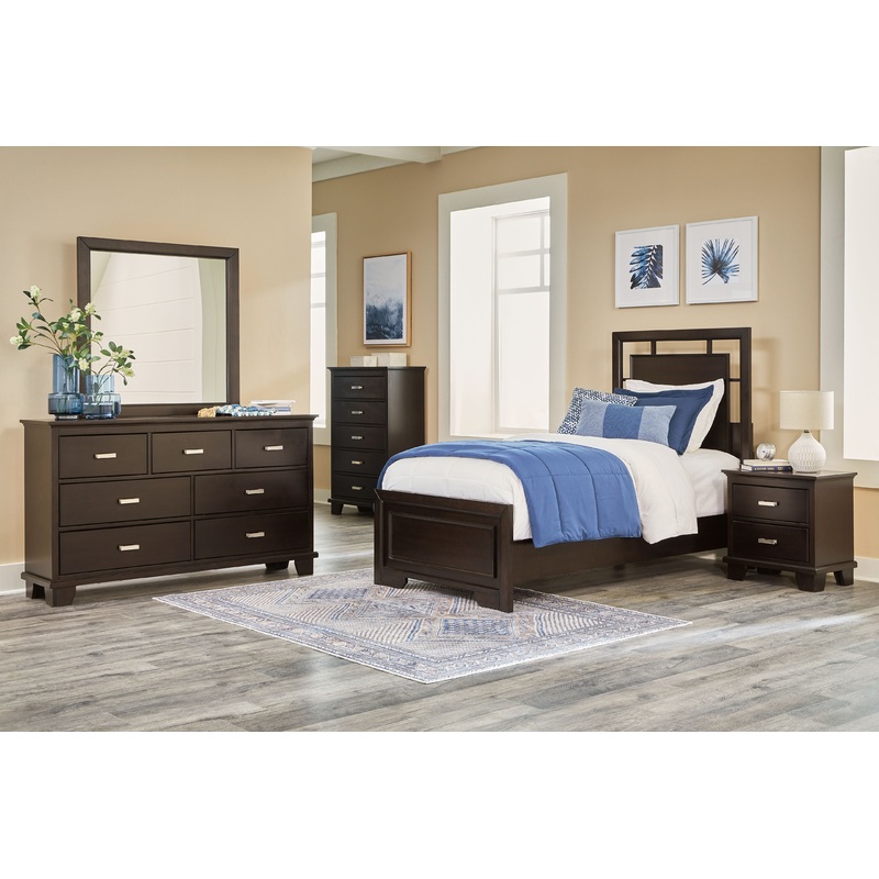 Covetown – Panel Bedroom Set|Dark Brown|5 Pc. Bed, Dresser, Mirror, Chest|7 Pc. Bed, Dresser, Mirror, Chest, 2 Nightstands|4 Pc. Bed, Dresser, Mirror|6 Pc. Bed, Dresser, Mirror, 2 Nightstands|Twin|Queen|California King|King|Full