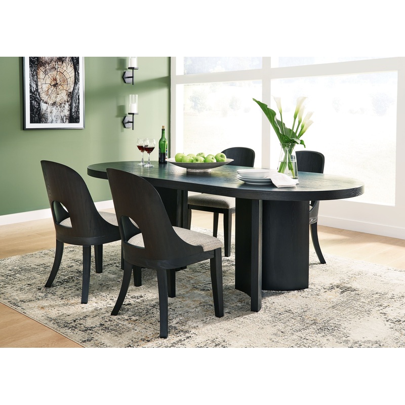 Rowanbeck – Dining Room Set|Black|8 Pc. Table, 6 Chairs, Server|8 Pc. Table, 4 Chairs, 2 Arm Chairs, Server|10 Pc. Table, 8 Chairs, Server|5 Pc. Table, 4 Chairs
