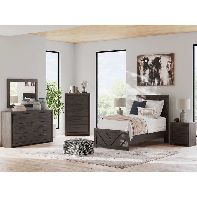 Prendonea – Panel Bedroom Set|Dark Gray|5 Pc. Bed, Dresser, Mirror, Chest|7 Pc. Bed, Dresser, Mirror, Chest, 2 Nightstands|4 Pc. Bed, Dresser, Mirror|6 Pc. Bed, Dresser, Mirror, 2 Nightstands|Twin|Full|Queen|King