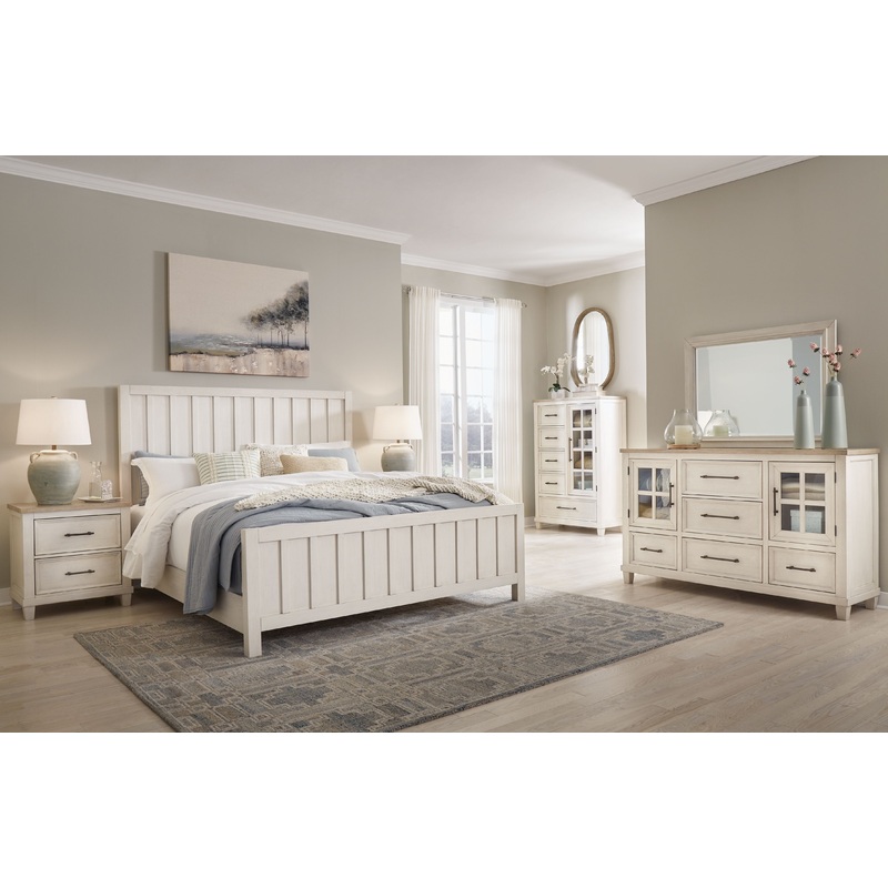 Shaybrock – Panel Bedroom Set|White|5 Pc. Bed, Dresser, Mirror, Chest|7 Pc. Bed, Dresser, Mirror, Chest, 2 Nightstand|4 Pc. Bed, Dresser, Mirror|6 Pc. Bed, Dresser, Mirror, 2 Nightstand|Queen|California King|King