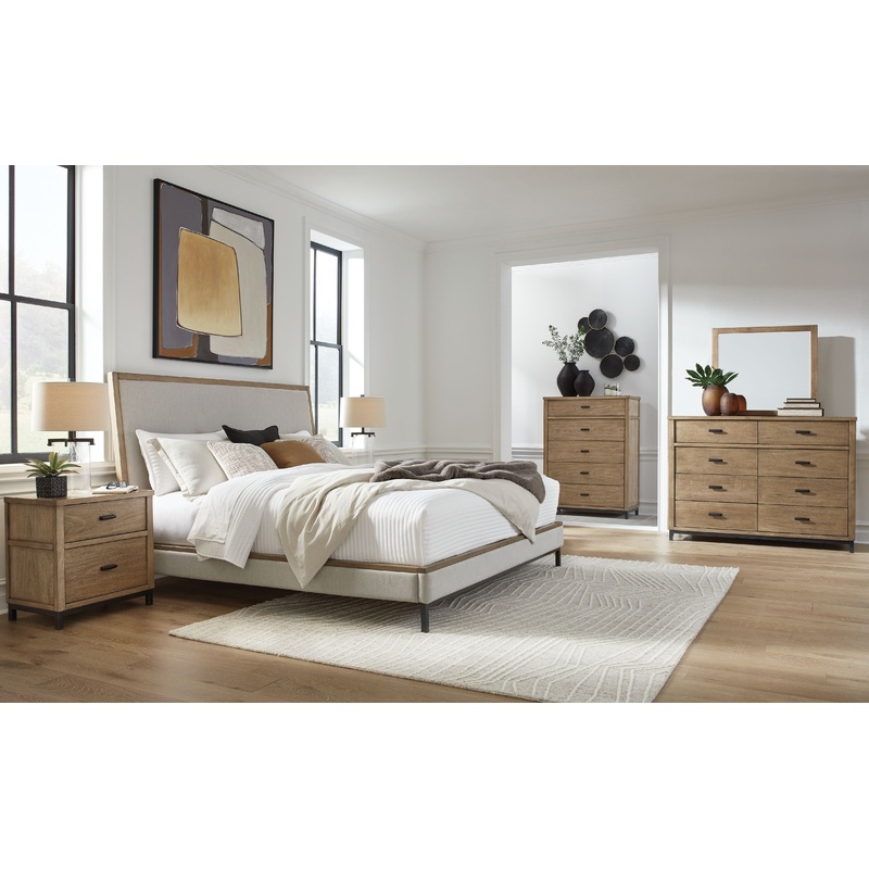 Tomtyn – Upholstered Bed Set|Light Brown|5 Pc. Bed, Dresser, Mirror, Chest|7 Pc. Bed, Dresser, Mirror, Chest, 2 Nightstands|4 Pc. Bed, Dresser, Mirror|6 Pc. Bed, Dresser, Mirror, 2 Nightstands|Queen|King|California King
