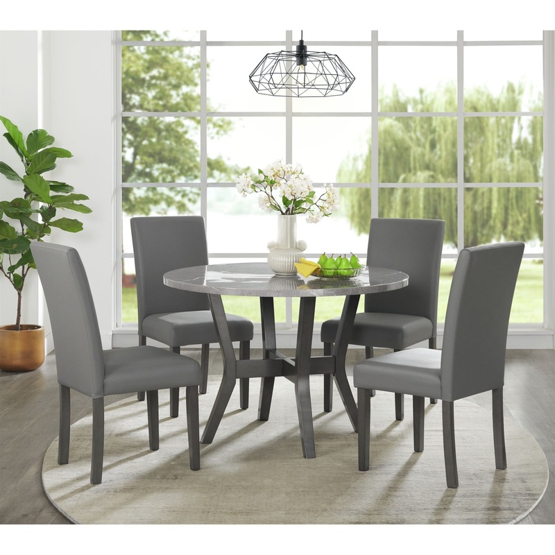 Ambridge – 5 Piece Round Dining Set With Faux Marble Top – Brushed Gray