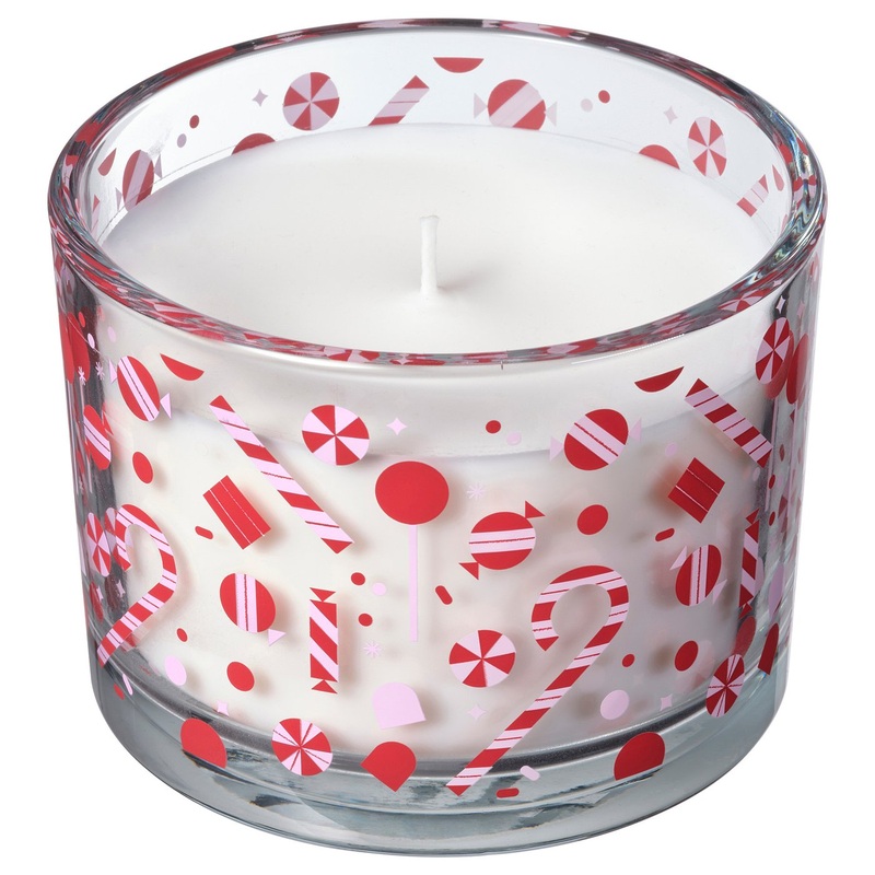 VINTERFINT scented candle in glass, Candy cane/white, 11 cm
