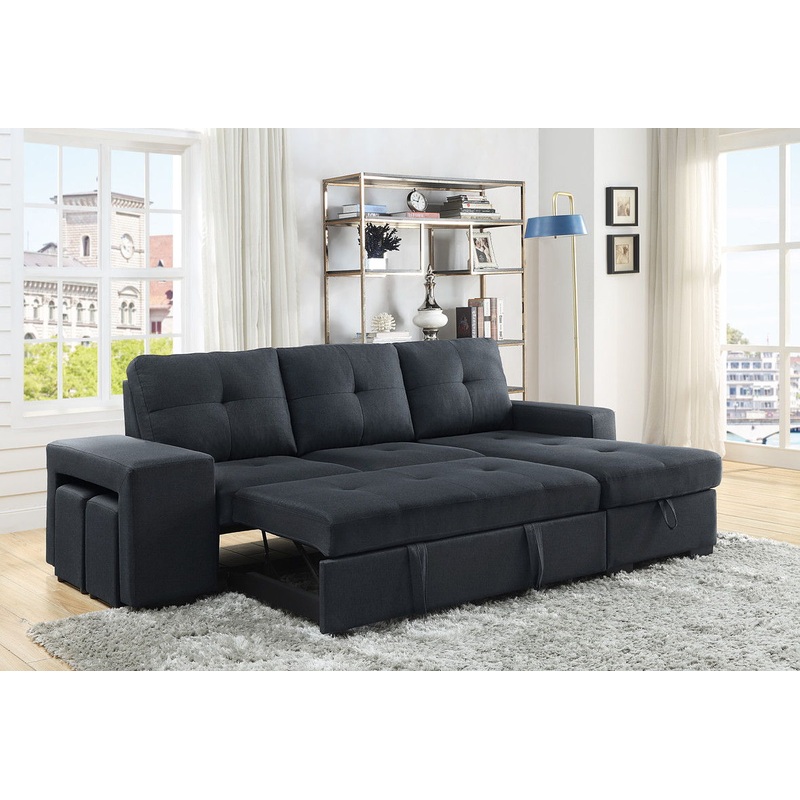 Lucas – Linen Sleeper Sectional Sofa With Reversible Storage Chaise – Dark Gray
