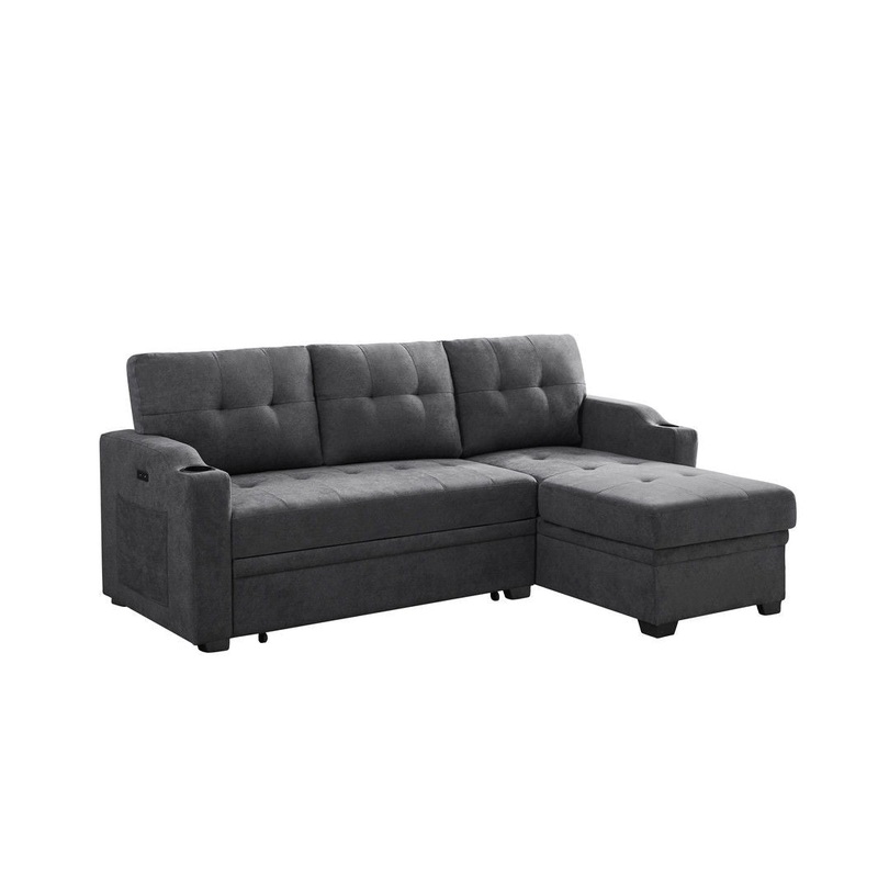 Mabel – Woven Fabric Sleeper Sectional With Cupholder, USB Charging Port nd Pocket – Dark Gray