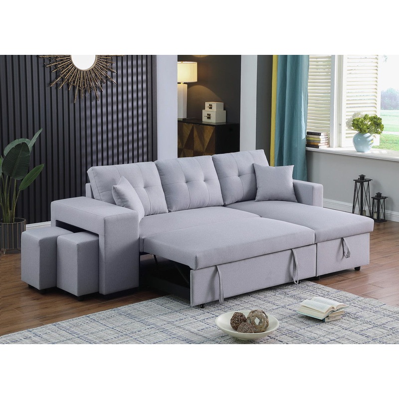 Dennis – Linen Fabric Reversible Sleeper Sectional With Storage Chaise And 2 Stools